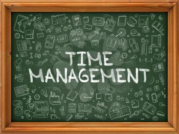 Time Management - Hand Drawn on Green Chalkboard with Doodle Icons Around. Modern Illustration with Doodle Design Style.