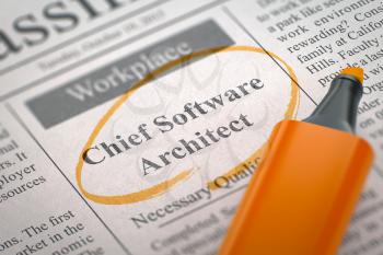 Chief Software Architect - Small Advertising in Newspaper, Circled with a Orange Highlighter. Blurred Image with Selective focus. Job Search Concept. 3D Render.
