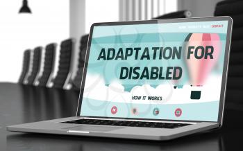 Adaptation For Disabled Concept. Closeup Landing Page on Mobile Computer Screen on Background of Conference Hall in Modern Office. Blurred. Toned Image. 3D.