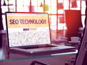 SEO Technology Concept. Closeup Landing Page on Laptop Screen in Doodle Design Style. On Background of Comfortable Working Place in Modern Office. Blurred, Toned Image. 3D Render.