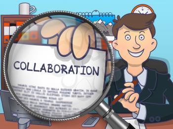 Business Man Welcomes in Office and Holds Out a Concept on Paper Collaboration. Closeup View through Magnifier. Colored Doodle Style Illustration.