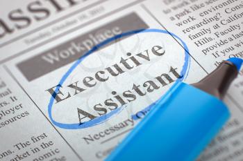 Executive Assistant - Classified Advertisement of Hiring in Newspaper, Circled with a Blue Marker. Blurred Image. Selective focus. Concept of Recruitment. 3D Render.