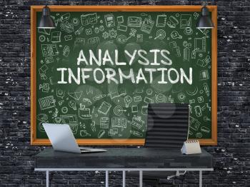 Hand Drawn Analysis Information on Green Chalkboard. Modern Office Interior. Dark Brick Wall Background. Business Concept with Doodle Style Elements. 3D.