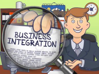 Business Integration. Successful Man in Office Workplace Showing a Concept on Paper through Magnifying Glass. Multicolor Modern Line Illustration in Doodle Style.