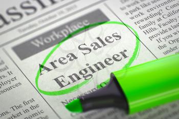 Area Sales Engineer - Classified Advertisement of Hiring in Newspaper, Circled with a Green Highlighter. Blurred Image. Selective focus. Job Search Concept. 3D Rendering.