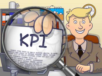 KPI - Key Performance Indicator. Man Welcomes in Office and Showing through Magnifying Glass Concept on Paper. Multicolor Modern Line Illustration in Doodle Style.