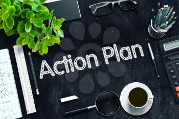 Black Chalkboard with Action Plan. 3d Rendering. Toned Image.