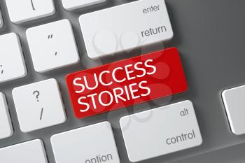 Success Stories Concept Metallic Keyboard with Success Stories on Red Enter Keypad Background, Selected Focus. 3D.