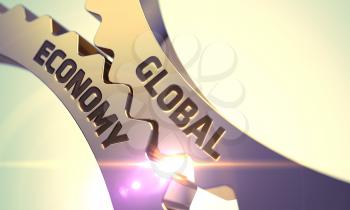 Global Economy on the Mechanism of Golden Metallic Cog Gears with Lens Flare. 3D Render.