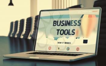Closeup Business Tools Concept on Landing Page of Laptop Display in Modern Meeting Hall. Blurred Image with Selective focus. 3D Illustration.