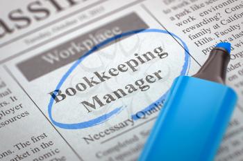 Bookkeeping Manager - Jobs Section Vacancy in Newspaper, Circled with a Blue Highlighter. Blurred Image. Selective focus. Job Seeking Concept. 3D.