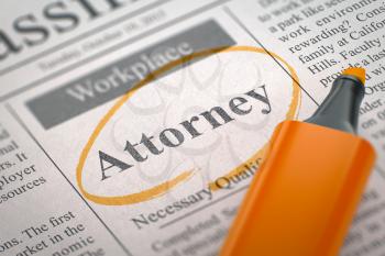 A Newspaper Column in the Classifieds with the Small Ads of Job Search of Attorney, Circled with a Orange Highlighter. Blurred Image with Selective focus. Job Seeking Concept. 3D Illustration.