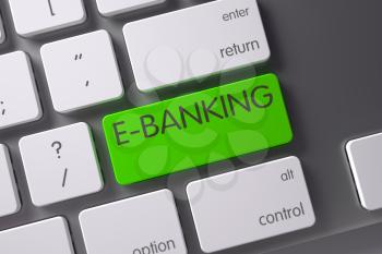 E-Banking Concept Modernized Keyboard with E-Banking on Green Enter Keypad Background, Selected Focus. 3D.