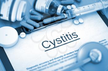 Cystitis - Medical Report with Composition of Medicaments - Pills, Injections and Syringe. 3D Render.
