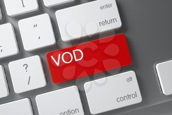 Vod Concept Metallic Keyboard with Vod on Red Enter Keypad Background, Selected Focus. 3D Illustration.