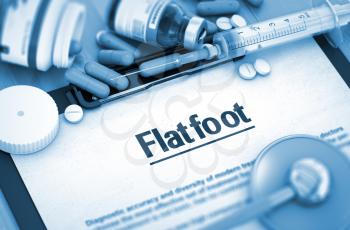 Flatfoot - Medical Report with Composition of Medicaments - Pills, Injections and Syringe. 3D Render.