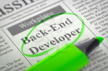 Back-End Developer - Job Vacancy in Newspaper, Circled with a Green Highlighter. Blurred Image. Selective focus. Concept of Recruitment. 3D.