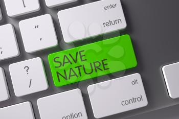 Save Nature Concept Computer Keyboard with Save Nature on Green Enter Button Background, Selected Focus. 3D Illustration.