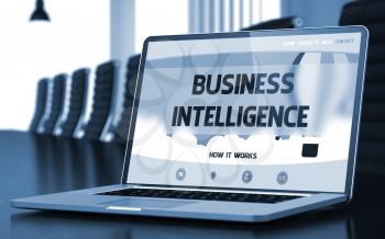 Business Intelligence - Landing Page with Inscription on Laptop Display on Background of Comfortable Conference Room in Modern Office. Closeup View. Toned. Blurred Image. 3D Render.