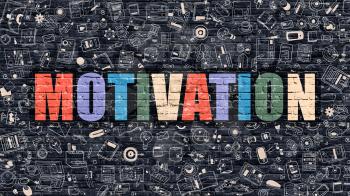 Motivation. Multicolor Inscription on Dark Brick Wall with Doodle Icons Around. Motivation Concept. Modern Style Illustration with Doodle Design Icons. Motivation on Dark Brickwall Background.