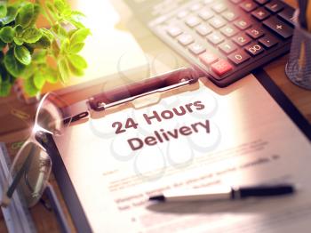24 Hours Delivery on Clipboard. Composition on Working Table and Office Supplies Around. 24 Hours Delivery on Clipboard. Office Desk with a Lot of Office Supplies. 3d Rendering. Toned Image.