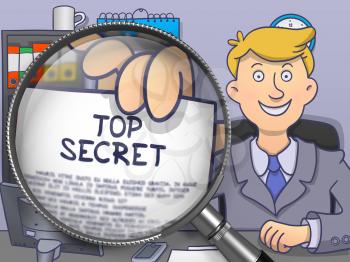 Top Secret. Paper with Text in Businessman's Hand through Lens. Colored Doodle Style Illustration.
