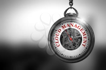 Business Concept: Pocket Watch with Cloud Management - Red Text on it Face. Business Concept: Cloud Management on Pocket Watch Face with Close View of Watch Mechanism. Vintage Effect. 3D Rendering.