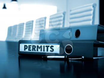 Permits. Illustration on Blurred Background. Folder with Inscription Permits on Office Desktop. 3D Render.