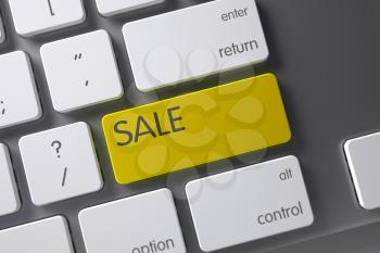 Sale Concept Modern Laptop Keyboard with Sale on Yellow Enter Key Background, Selected Focus. 3D Render.
