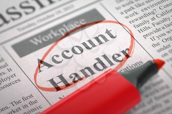 Account Handler - Small Advertising in Newspaper, Circled with a Red Highlighter. Blurred Image. Selective focus. Job Seeking Concept. 3D Rendering.