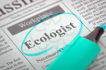A Newspaper Column in the Classifieds with the Jobs Section Vacancy of Ecologist, Circled with a Azure Marker. Blurred Image with Selective focus. Concept of Recruitment. 3D Illustration.