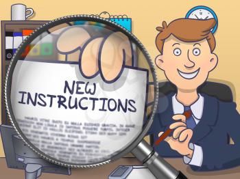 New Instructions on Paper in Man's Hand through Magnifying Glass to Illustrate a Business Concept. Colored Doodle Illustration.