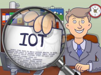 IOT - Internet of Thing - through Lens. Business Man Showing Text on Paper. Closeup View. Colored Doodle Illustration.