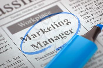 A Newspaper Column in the Classifieds with the Small Advertising of Marketing Manager, Circled with a Blue Marker. Blurred Image. Selective focus. Concept of Recruitment. 3D Illustration.