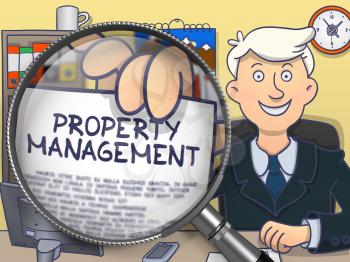 Businessman in Office Workplace Holding a Paper with Concept Property Management. Closeup View through Magnifier. Colored Doodle Illustration.