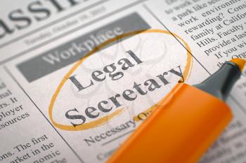 Legal Secretary - Job Vacancy in Newspaper, Circled with a Orange Highlighter. Blurred Image. Selective focus. Job Seeking Concept. 3D Render.