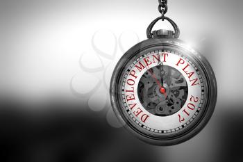 Development Plan 2017 Close Up of Red Text on the Vintage Pocket Clock Face. Development Plan 2017 on Pocket Watch Face with Close View of Watch Mechanism. Business Concept. 3D Rendering.