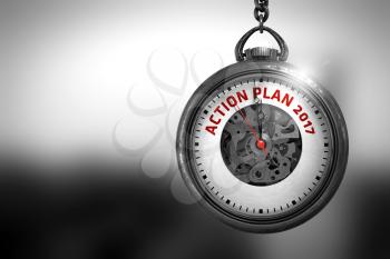 Vintage Pocket Watch with Action Plan 2017 Text on the Face. Business Concept: Watch with Action Plan 2017 - Red Text on it Face. 3D Rendering.
