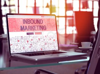Inbound Marketing Concept. Closeup Landing Page on Laptop Screen in Doodle Design Style. On Background of Comfortable Working Place in Modern Office. Blurred, Toned Image. 3D Render.
