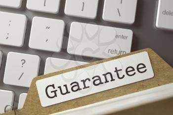 Guarantee. Card Index Lays on White Modern Keypad. Archive Concept. Guarantee written on  Sort Index Card Lays on White Modern Keypad. Archive Concept. Closeup View. Blurred Toned Image. 3D Rendering.