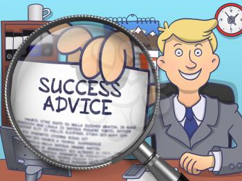 Success Advice. Man Holding a Text on Paper through Lens. Multicolor Doodle Style Illustration.