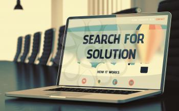 Search For Solution - Landing Page with Inscription on Laptop Screen on Background of Comfortable Conference Hall in Modern Office. Closeup View. Toned Image with Selective Focus. 3D Rendering.