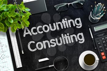 Business Concept - Accounting Consulting Handwritten on Black Chalkboard. Top View Composition with Chalkboard and Office Supplies on Office Desk. 3d Rendering. Toned Image.