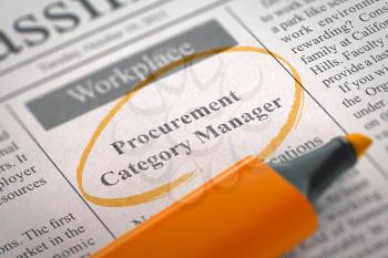 A Newspaper Column in the Classifieds with the Small Advertising of Procurement Category Manager, Circled with a Orange Highlighter. Blurred Image with Selective focus. Hiring Concept. 3D Render.