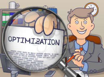 Optimization. Businessman Holds Out a Concept on Paper through Magnifying Glass. Colored Modern Line Illustration in Doodle Style.