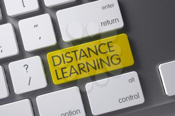Concept of Distance Learning, with Distance Learning on Yellow Enter Keypad on Laptop Keyboard. 3D Illustration.