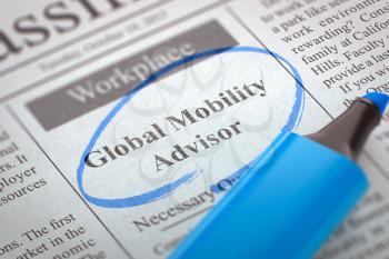 A Newspaper Column in the Classifieds with the Small Ads of Job Search of Global Mobility Advisor, Circled with a Blue Marker. Blurred Image with Selective focus. Job Seeking Concept. 3D.