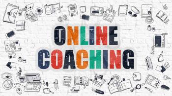 Online Coaching Concept. Modern Line Style Illustration. Multicolor Online Coaching Drawn on White Brick Wall. Doodle Icons. Doodle Design Style of Online Coaching Concept.