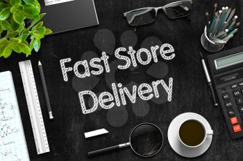 Business Concept - Fast Store Delivery Handwritten on Black Chalkboard. Top View Composition with Chalkboard and Office Supplies on Office Desk. 3d Rendering. 