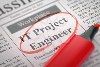 IT Project Engineer - Small Advertising in Newspaper, Circled with a Red Marker. Blurred Image. Selective focus. Concept of Recruitment. 3D.